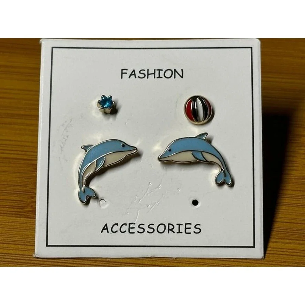Dolphin Beach Ball Rhinestone Enamel Stud Earrings Set of 3 Pairs Cute NWT New